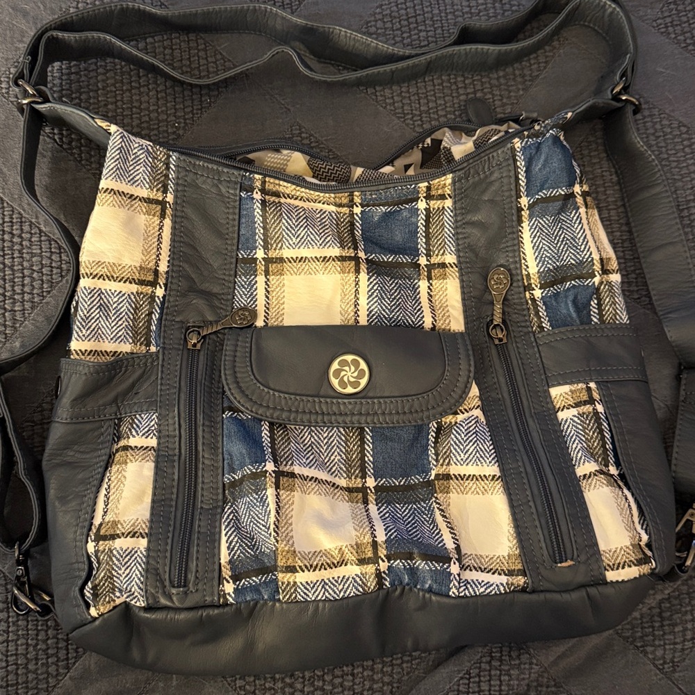 Plaid Crossbody Bag with Blue and Cream Accents